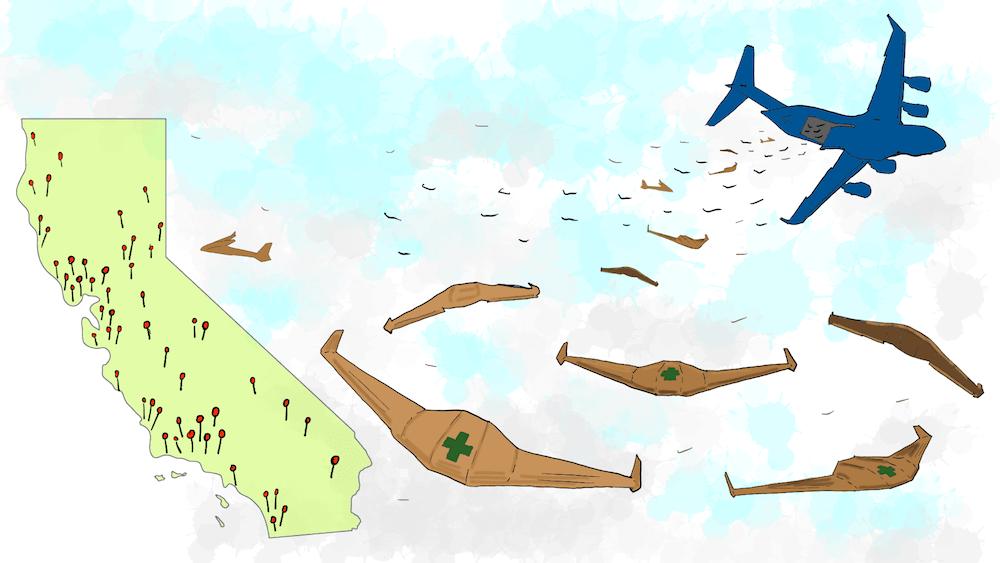 a cartoon illustration of the drones delivering medical help