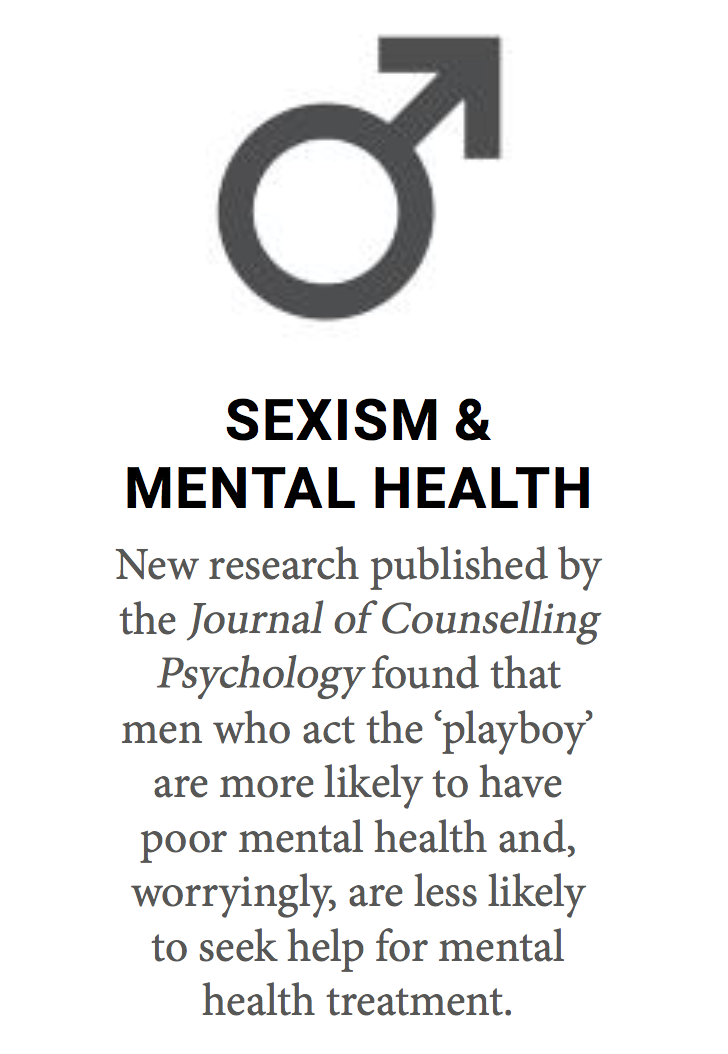 This is an image of a male gender symbol with a caption on how new research has found that men who 'act the playboy' are more likely to have poor mental health and are less likely to seek help for mental health treatment