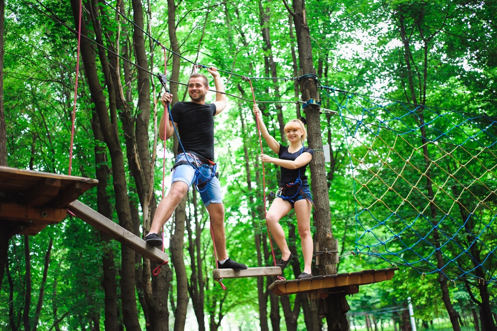 This is photo of people on a tree top obstacle course