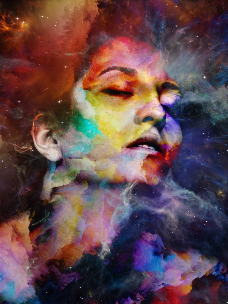 Image of a woman feeling at one with the universe in an surreal art illustration