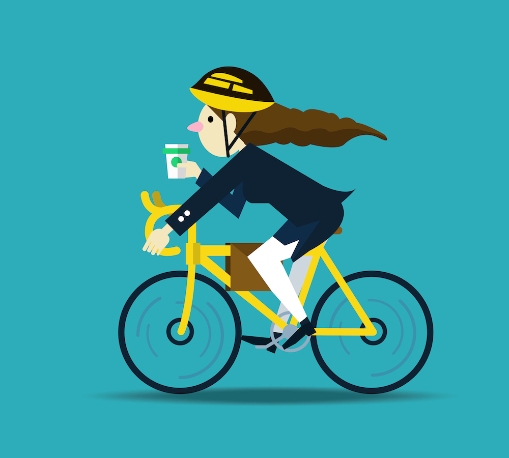 cartoon woman cycles to work
