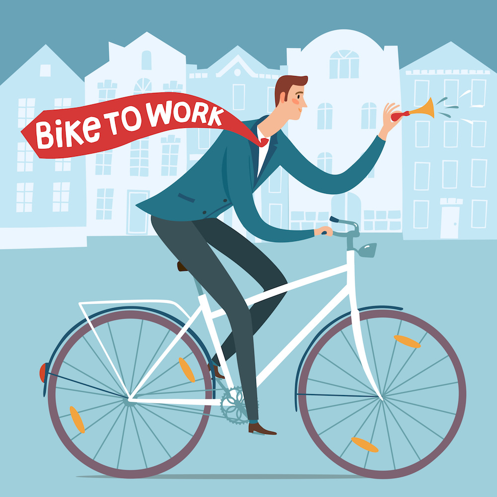 cartoon man cycles to work