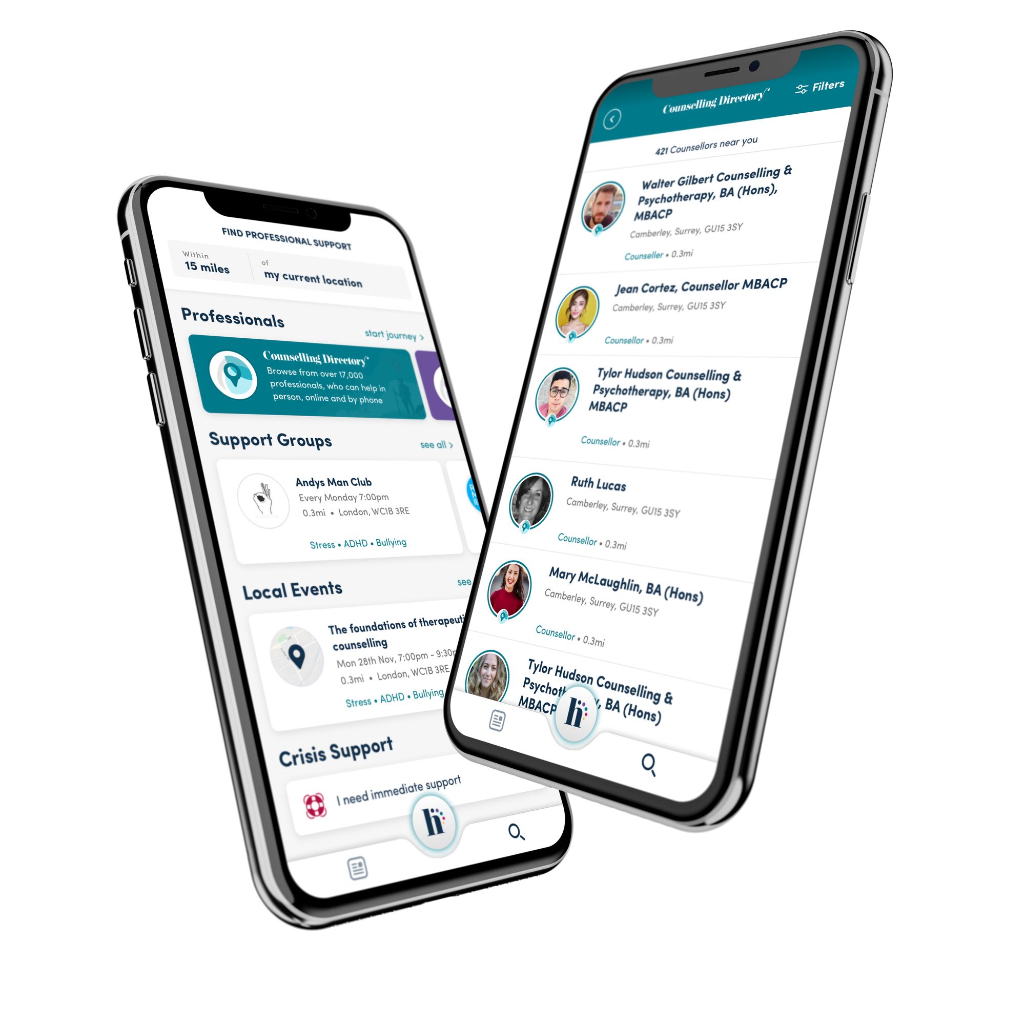 the connect screen of Happiful app shows the types of help from counselling to complementary therapies