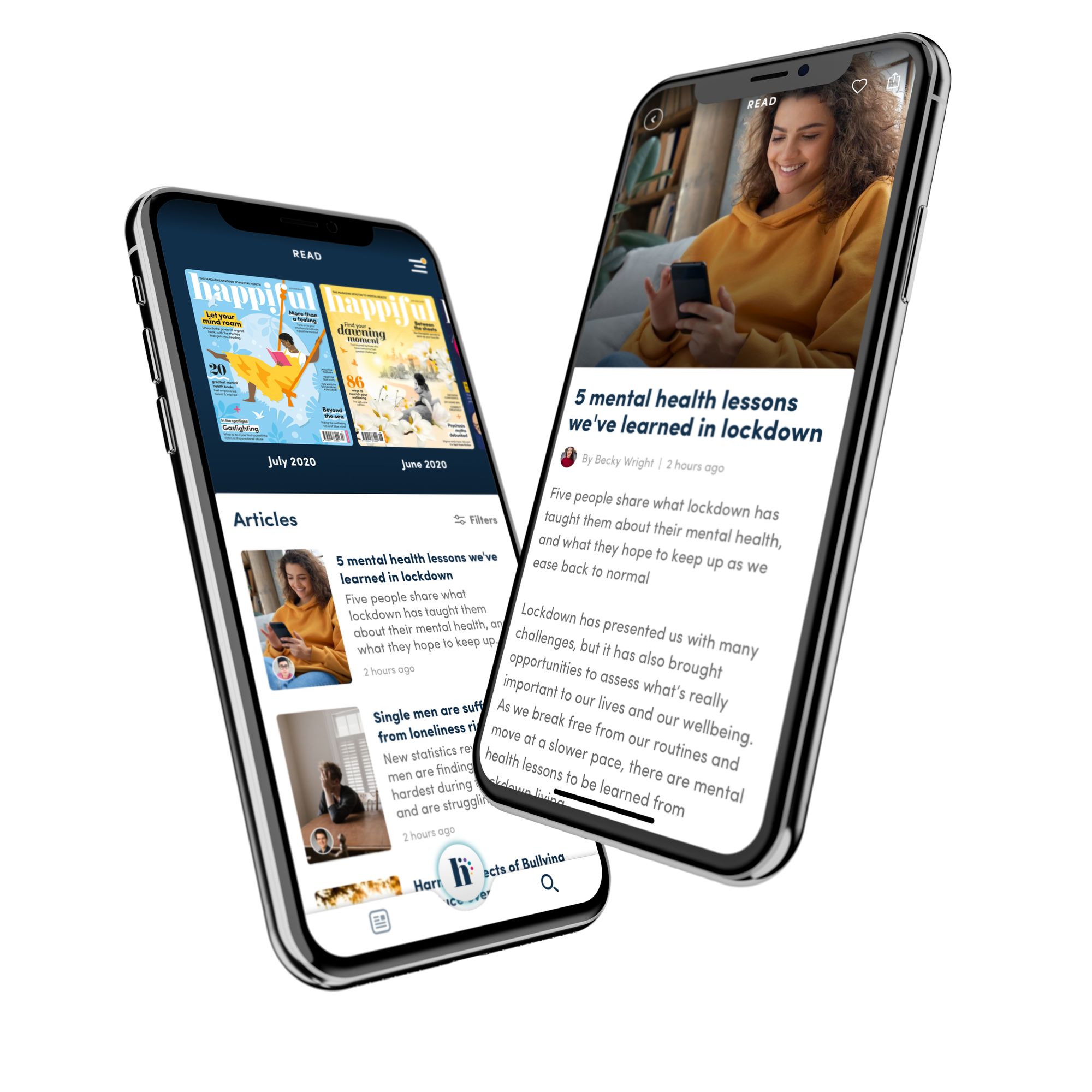 two screens with Happiful on, showing the magazine and article reader