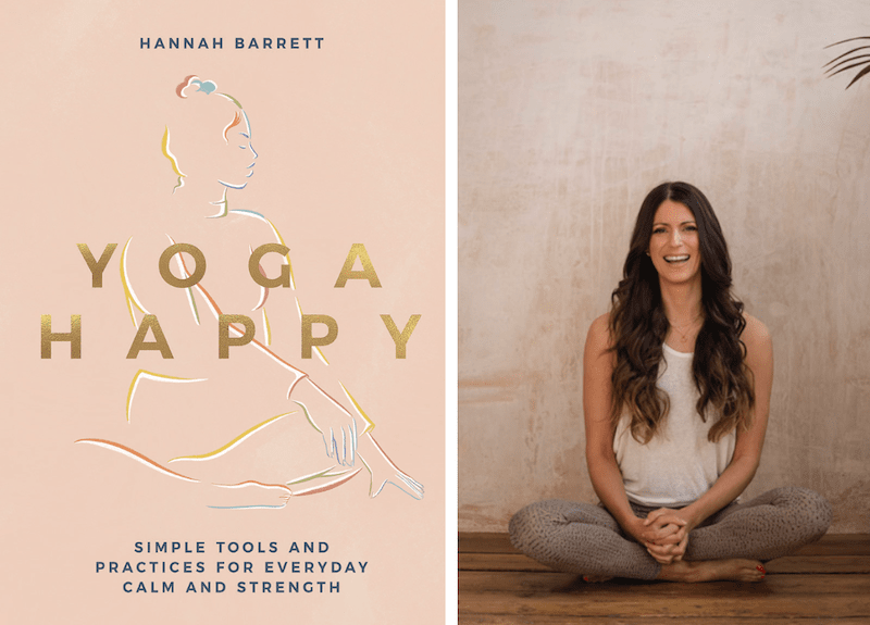 Side by side images of Hannah Barrett and her book, Yoga Happy