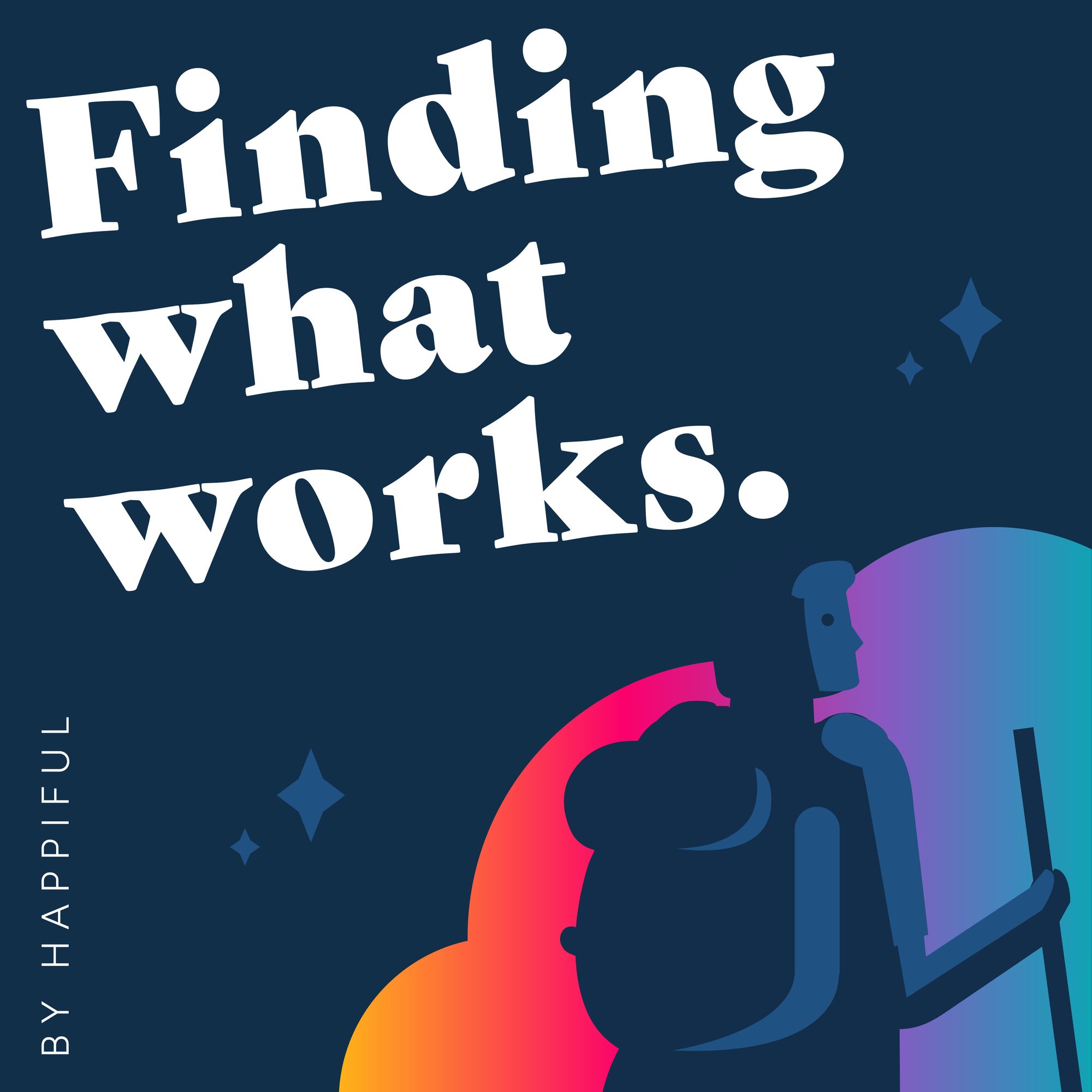 Podcast cover art - navy square with illustrated person with backpack and words 'finding what works by happiful'